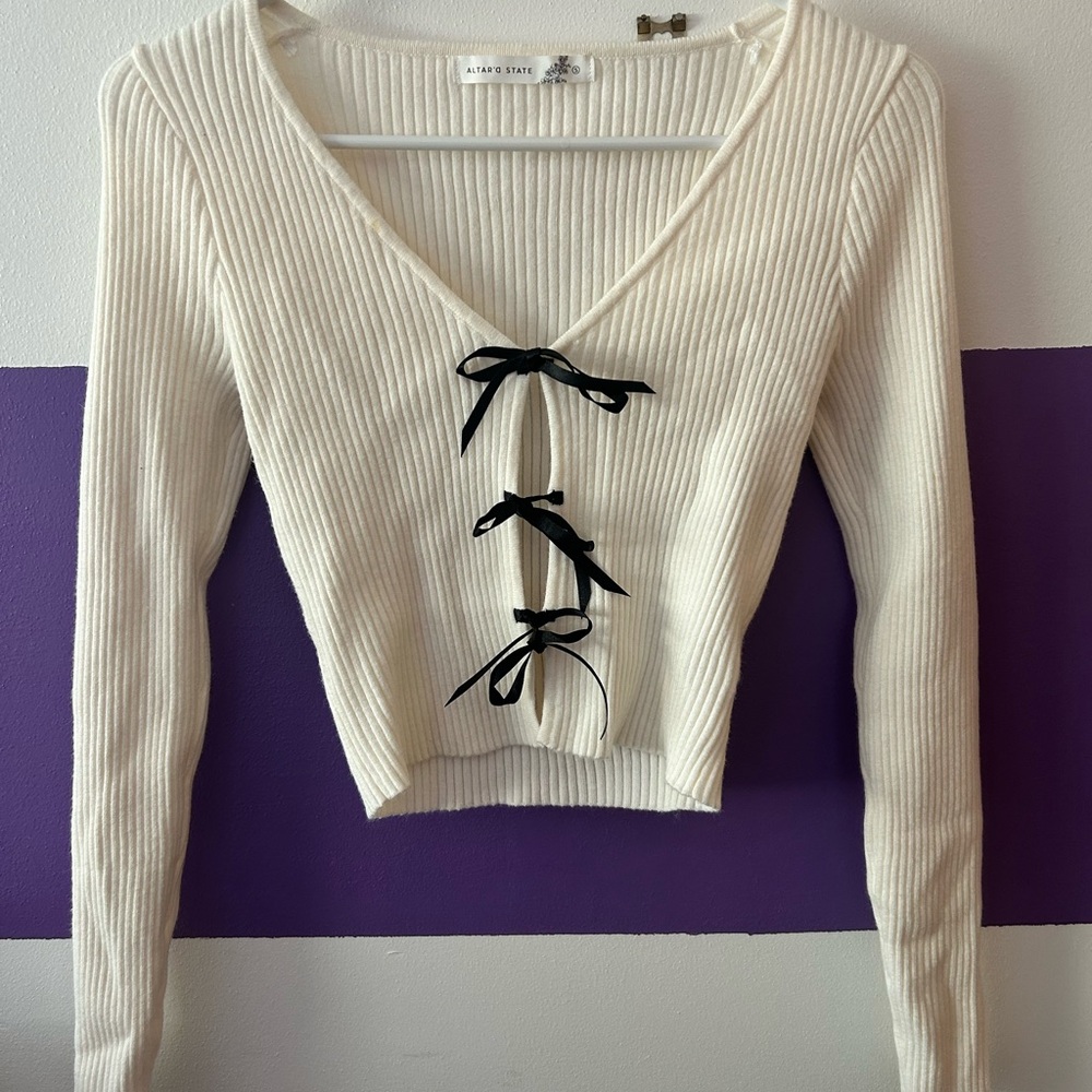 Altar’d State Ivory Ribbed Top with Black Bows (S)